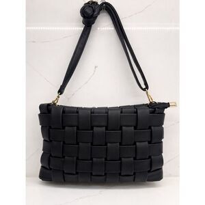 Anthro Woven Black Shoulder Bag Gold Hardware Knot Strap Chic